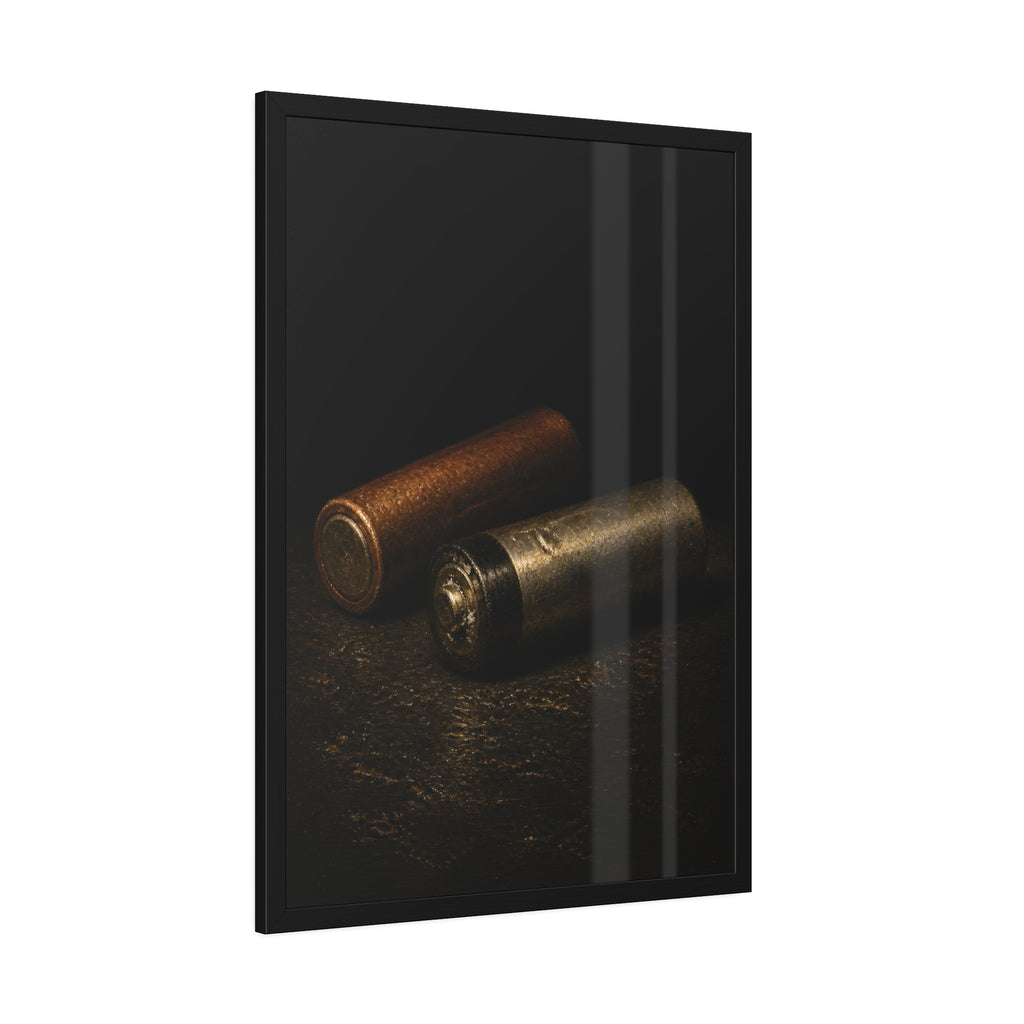 Two spent batteries lying side by side, one rusted, one bare metal. The Second Voice by Garabaggio, framed fine art print hanging in a room.