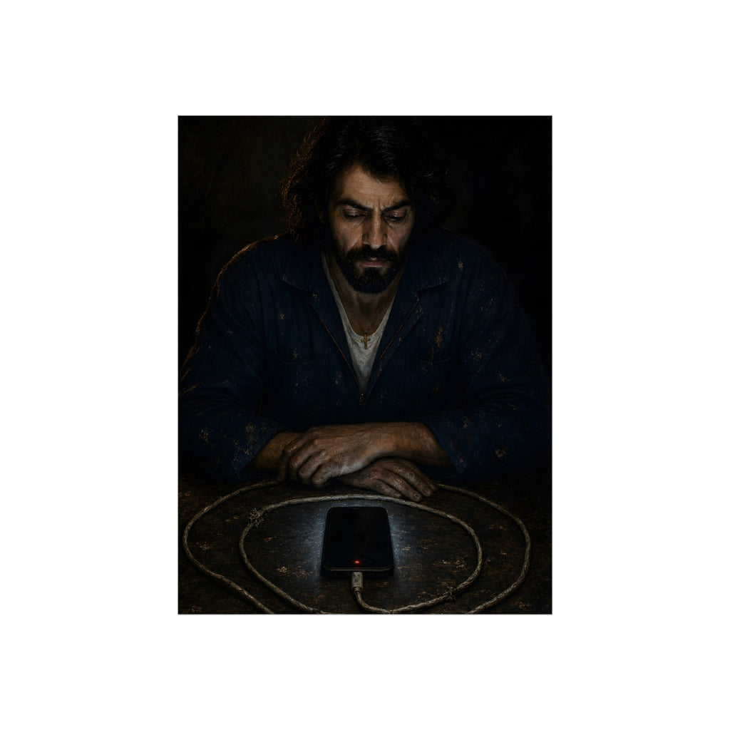 A bearded man at a table watching a phone charging inside a coiled cable. The Vigil of the Charging Cord by Garabaggio, fine art print, 12″ x 16″.