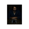 A bearded man at a table watching a phone charging inside a coiled cable. The Vigil of the Charging Cord by Garabaggio, fine art print, 12″ x 16″.