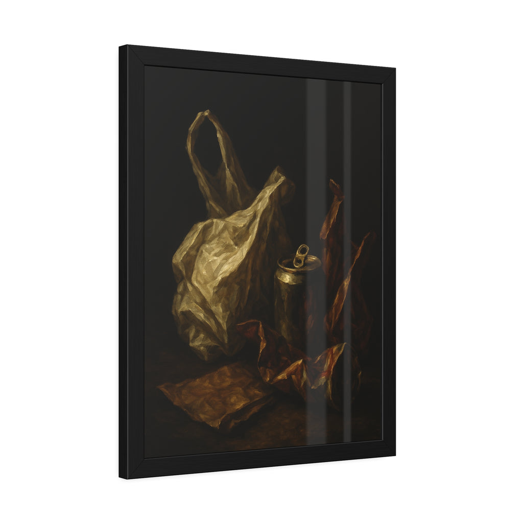 A crumpled plastic bag, crushed can and foil wrappers on a dark table. The Pietà of the Deflated by Garabaggio, framed fine art print hanging in a room.