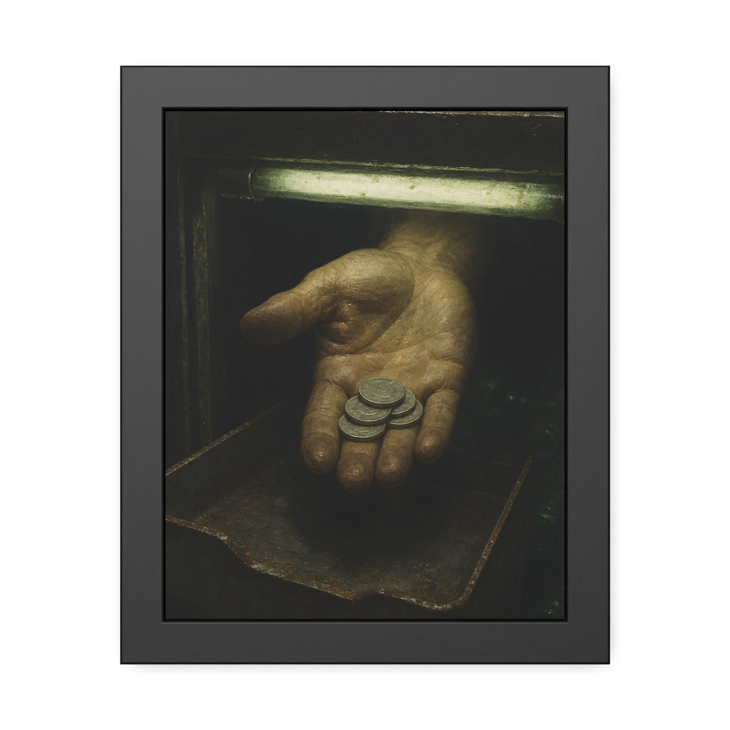 An open palm holding coins over a metal tray under a fluorescent tube. The Nickel Rendered by Garabaggio, framed fine art print, 11″ x 14″.