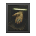 An open palm holding coins over a metal tray under a fluorescent tube. The Nickel Rendered by Garabaggio, framed fine art print, 11″ x 14″.