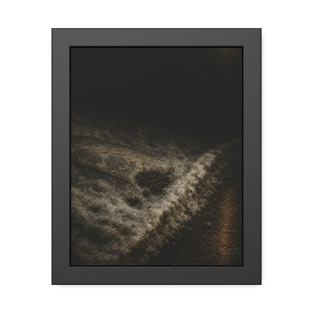 A discarded mattress half buried in snow, a distant streetlight behind. The White Burial by Garabaggio, framed fine art print, 11″ x 14″.