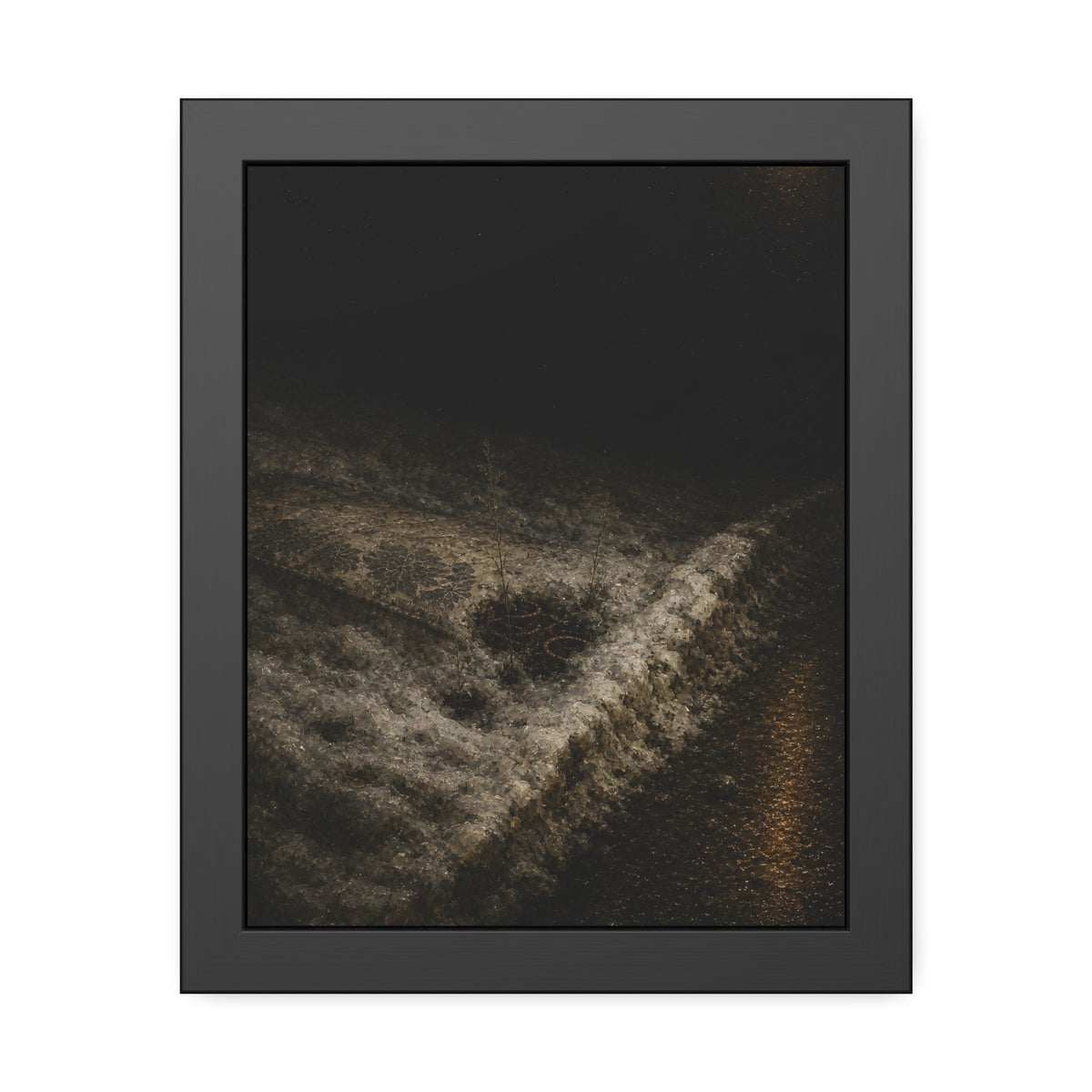 A discarded mattress half buried in snow, a distant streetlight behind. The White Burial by Garabaggio, framed fine art print, 11″ x 14″.