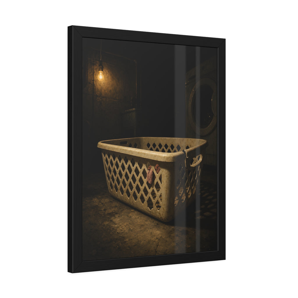 A plastic laundry basket on a basement floor under a bare hanging bulb. The First Split by Garabaggio, framed fine art print hanging in a room.