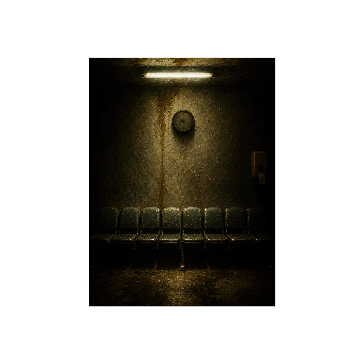 Eight worn seats in a row under a wall clock and one fluorescent tube. Eight Seats and a Clock by Garabaggio, fine art print, 12″ x 16″.