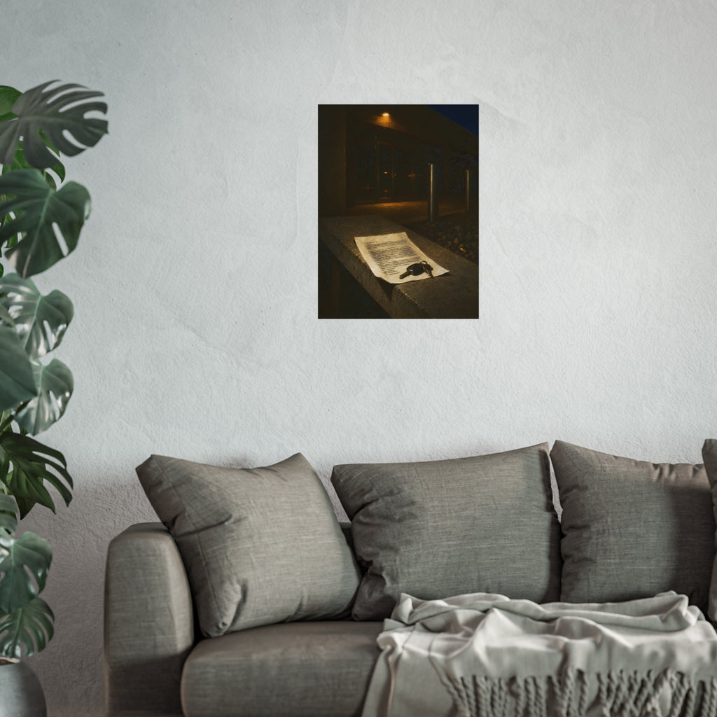 A printed page and car keys on a concrete ledge outside an office at night. The Last Email, Printed by Garabaggio, fine art print hanging in a room.