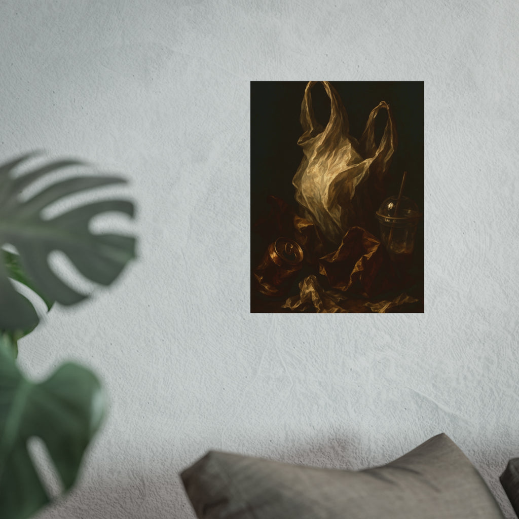 A plastic bag held open above a crushed can and a plastic cup with straw. The Apparition of the Bag by Garabaggio, fine art print hanging in a room.