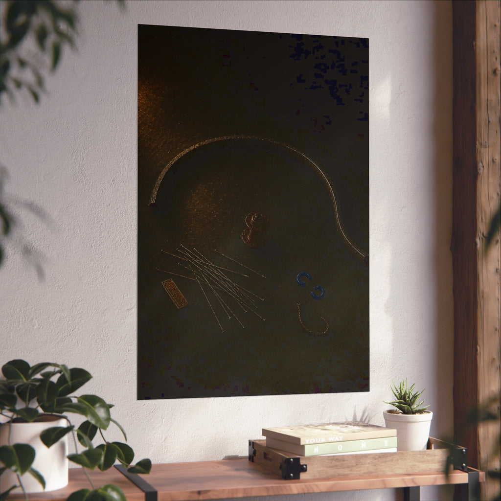 Bent bicycle rim, loose spokes and hub laid out on dark asphalt. Arc and Spokes by Garabaggio, fine art print hanging in a room.
