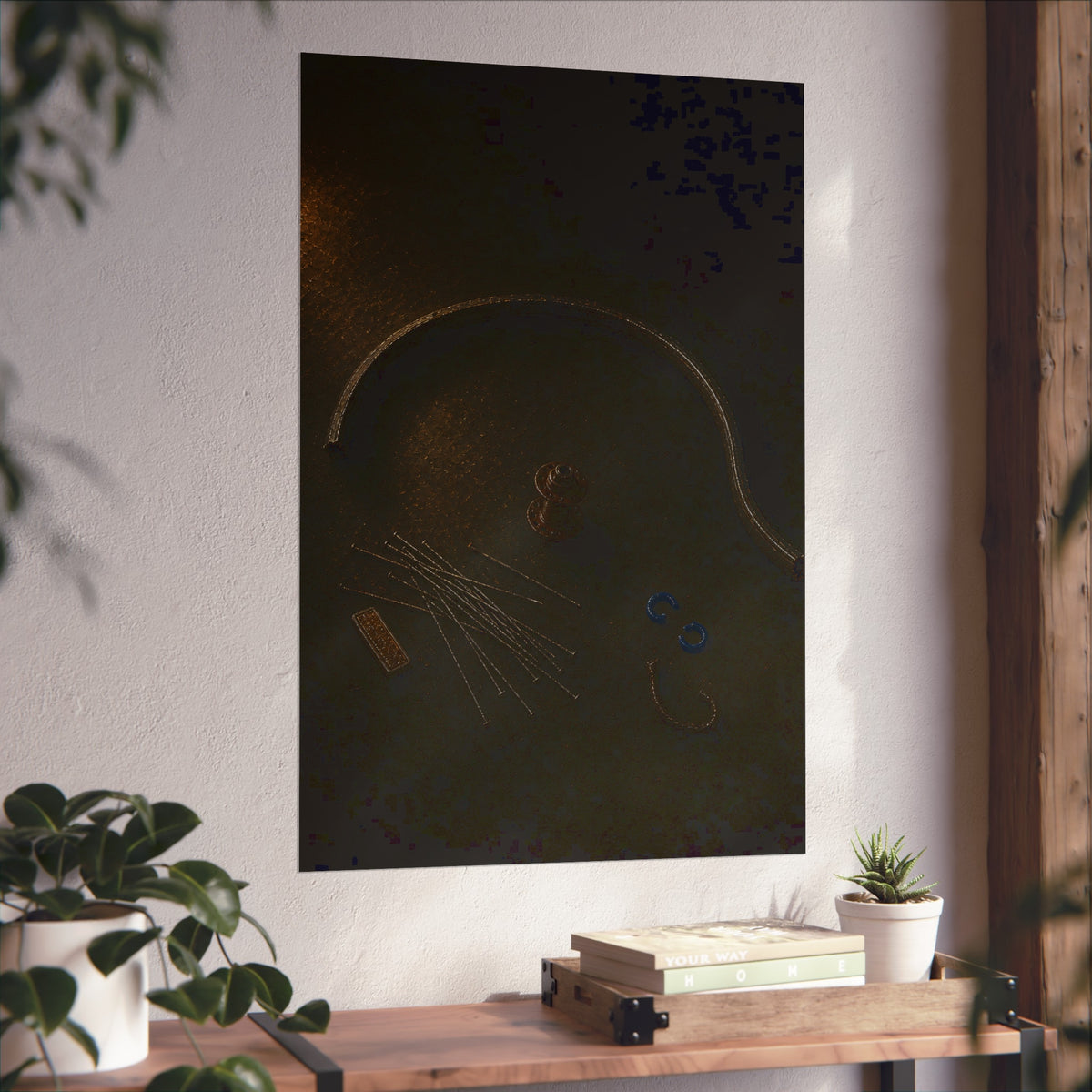 Bent bicycle rim, loose spokes and hub laid out on dark asphalt. Arc and Spokes by Garabaggio, fine art print hanging in a room.