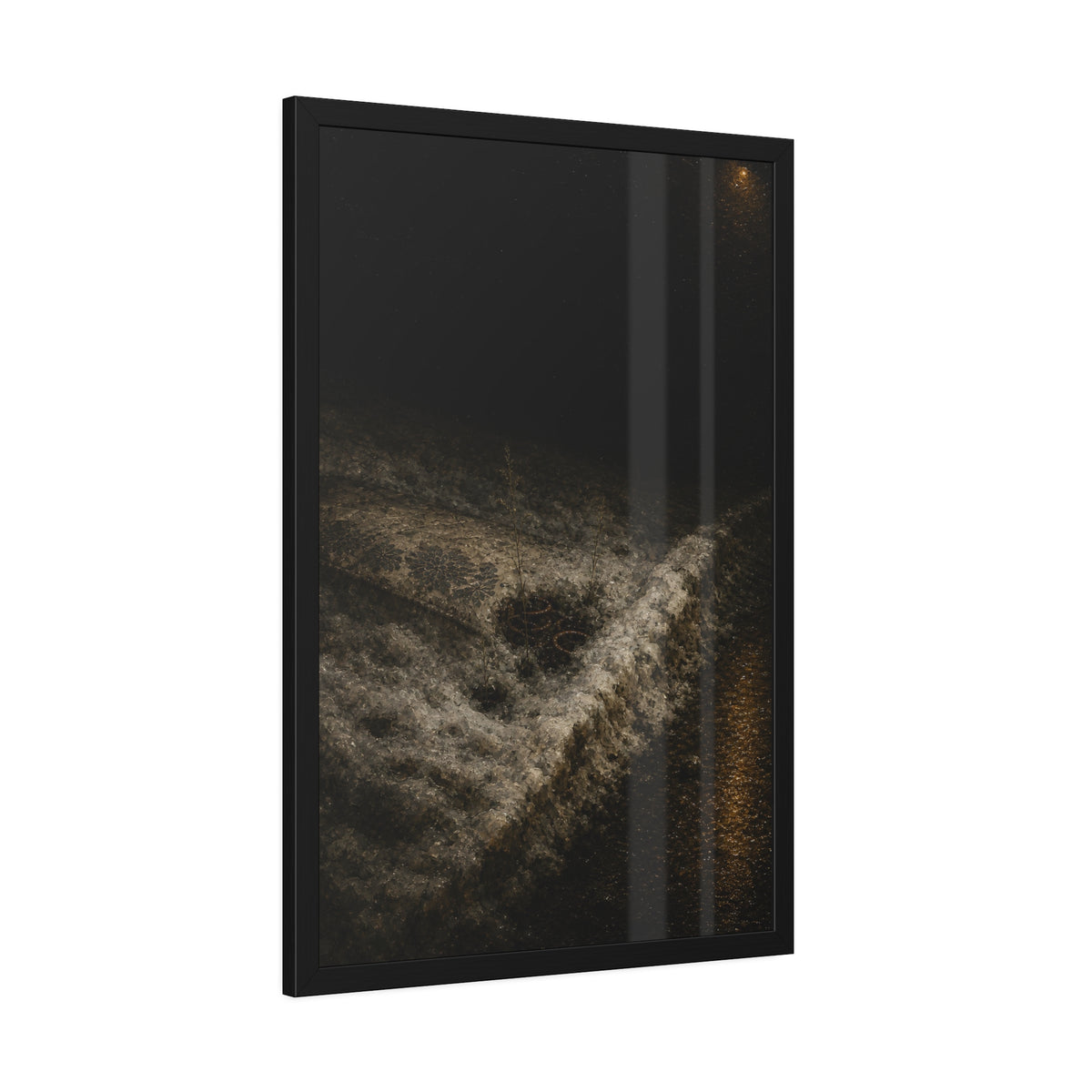 A discarded mattress half buried in snow, a distant streetlight behind. The White Burial by Garabaggio, framed fine art print hanging in a room.