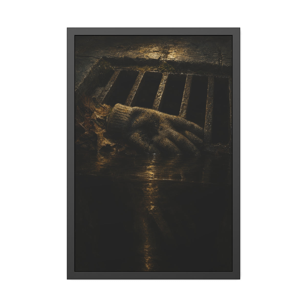 A single work glove on a storm drain grate above dark standing water. The Descent Into the Drain by Garabaggio, framed fine art print hanging in a room.