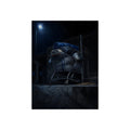 A shopping cart piled with bedding and buckets under a streetlamp. The Loading of Another Life by Garabaggio, fine art print, 12″ x 16″.