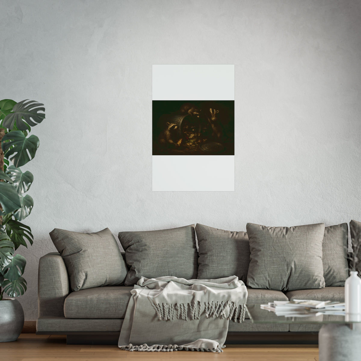 Raccoons around a tipped metal trash can, scattering food scraps. The Vigil of the Midnight Feast by Garabaggio, fine art print hanging in a room.