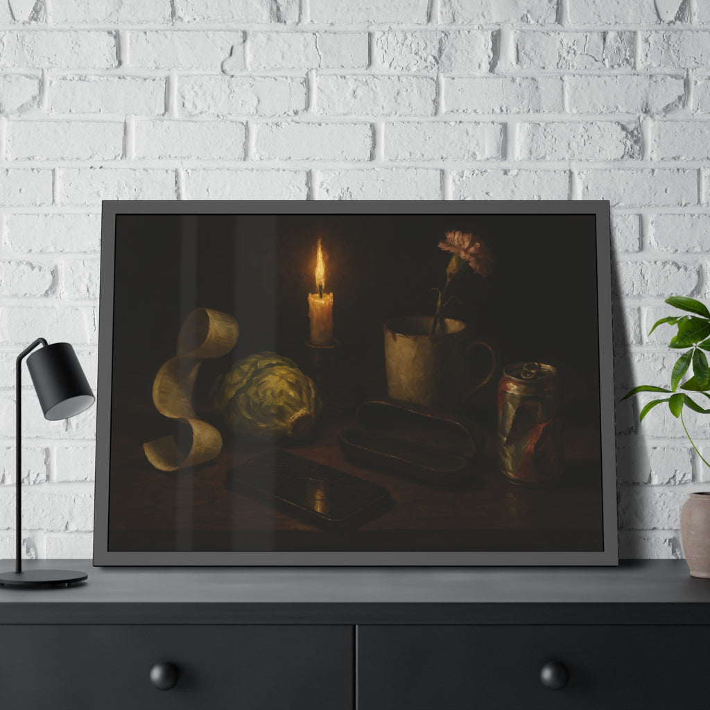 A candle, lettuce head, curled receipt and can on a dim table. Vanitas with Receipts and Wilted Lettuce by Garabaggio, framed fine art print hanging in a room.
