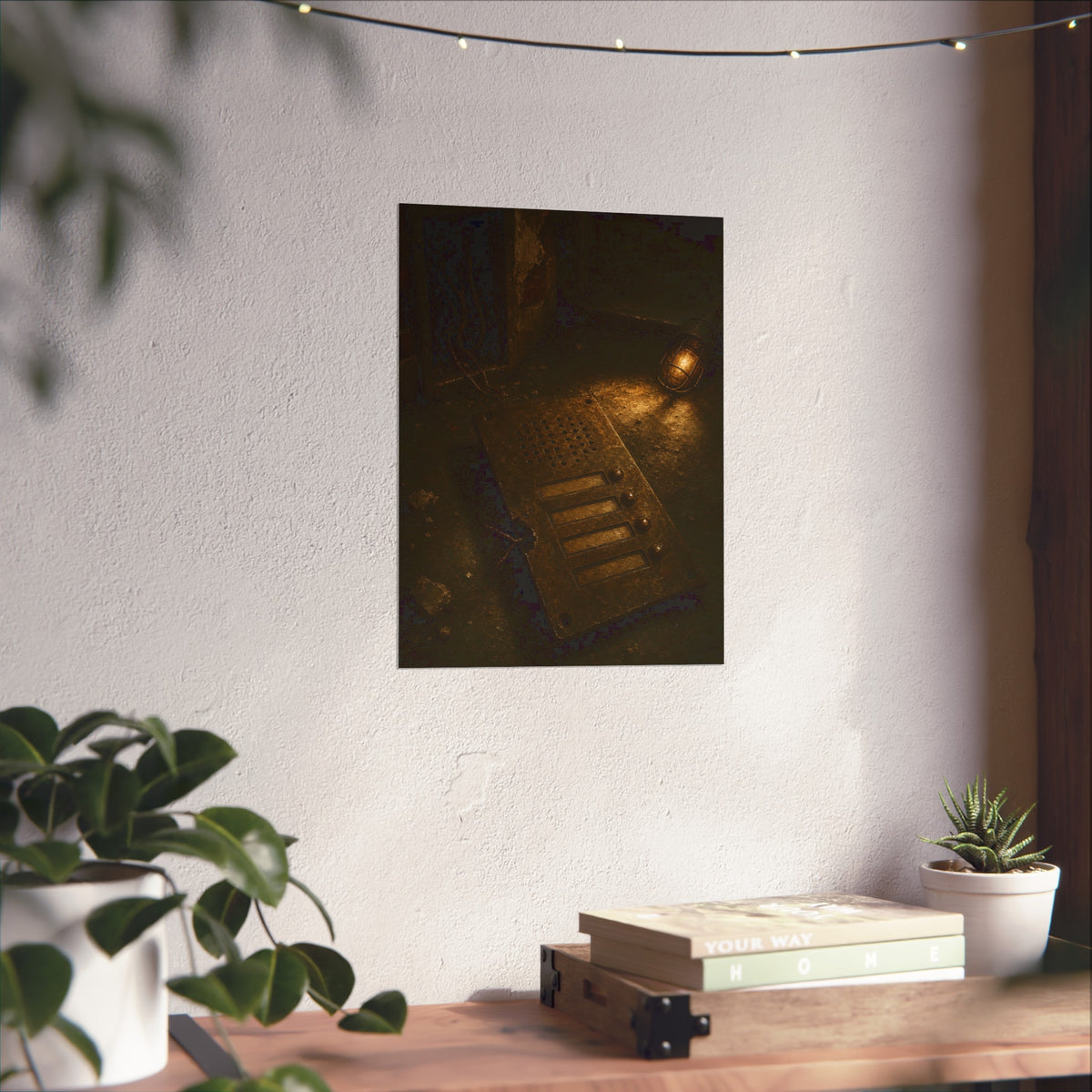 An intercom panel face up on a floor, wires cut, lit by a work lamp. The Plate Taken Down by Garabaggio, fine art print hanging in a room.