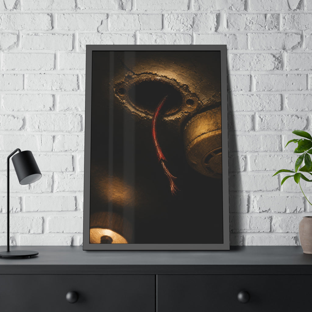 A frayed red wire hanging from a hole in a cracked ceiling. The Loose Red Wire by Garabaggio, framed fine art print hanging in a room.