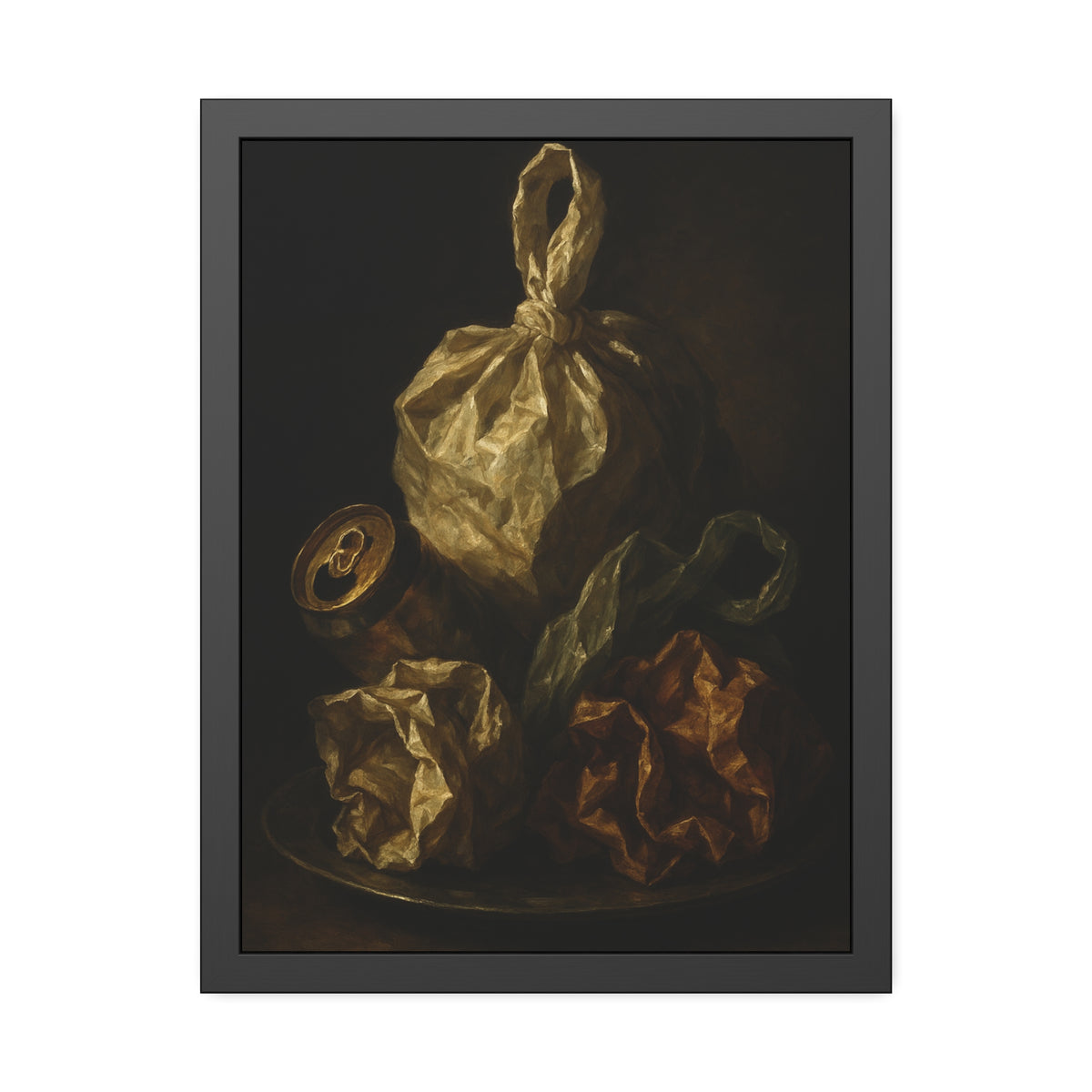 Knotted plastic bag on a plate with crumpled wrappers and a crushed can. Communion of the Knotted Bag by Garabaggio, framed fine art print hanging in a room.