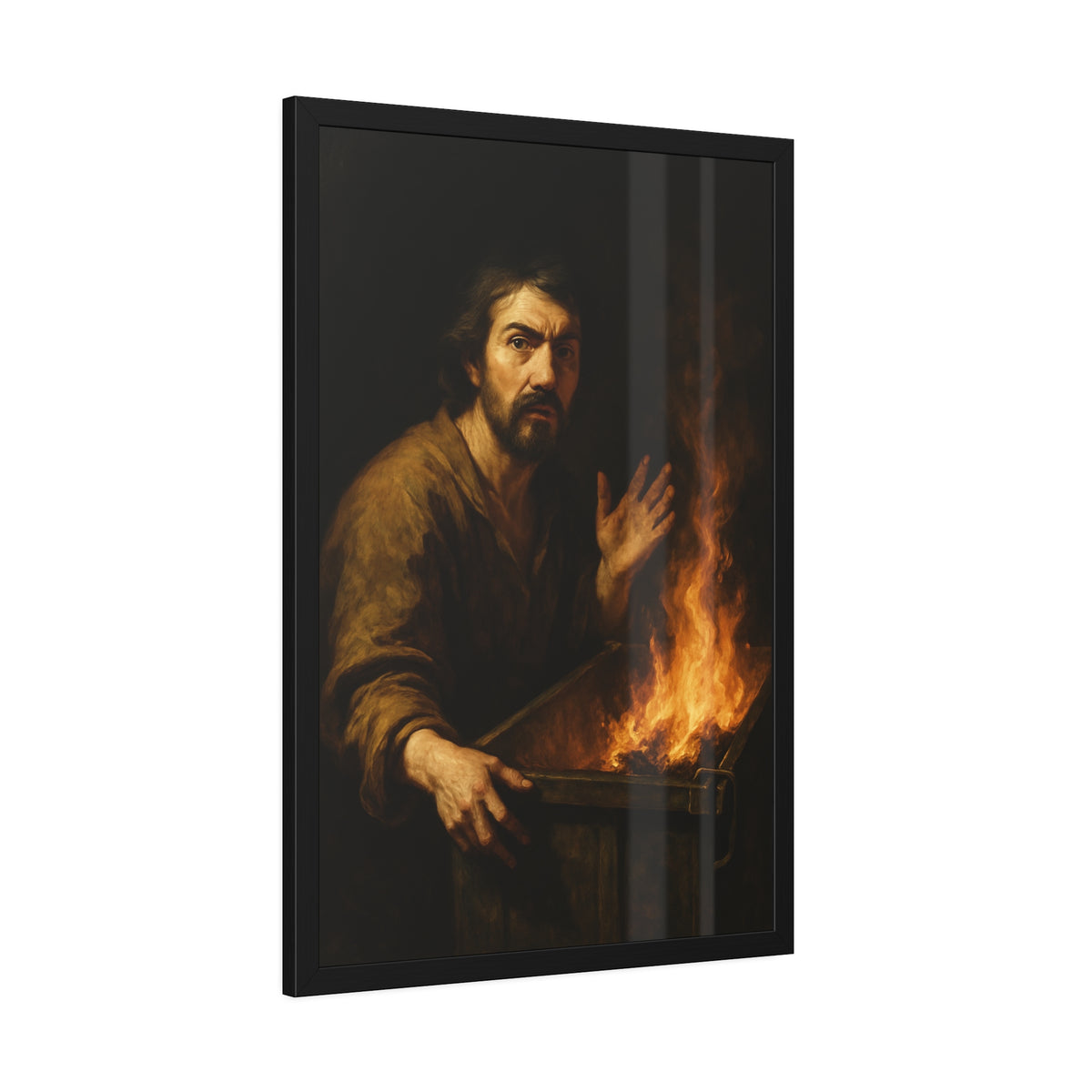 Man gripping the edge of a burning dumpster with one hand raised. Self-Portrait at 3:40 AM by Garabaggio, framed fine art print hanging in a room.