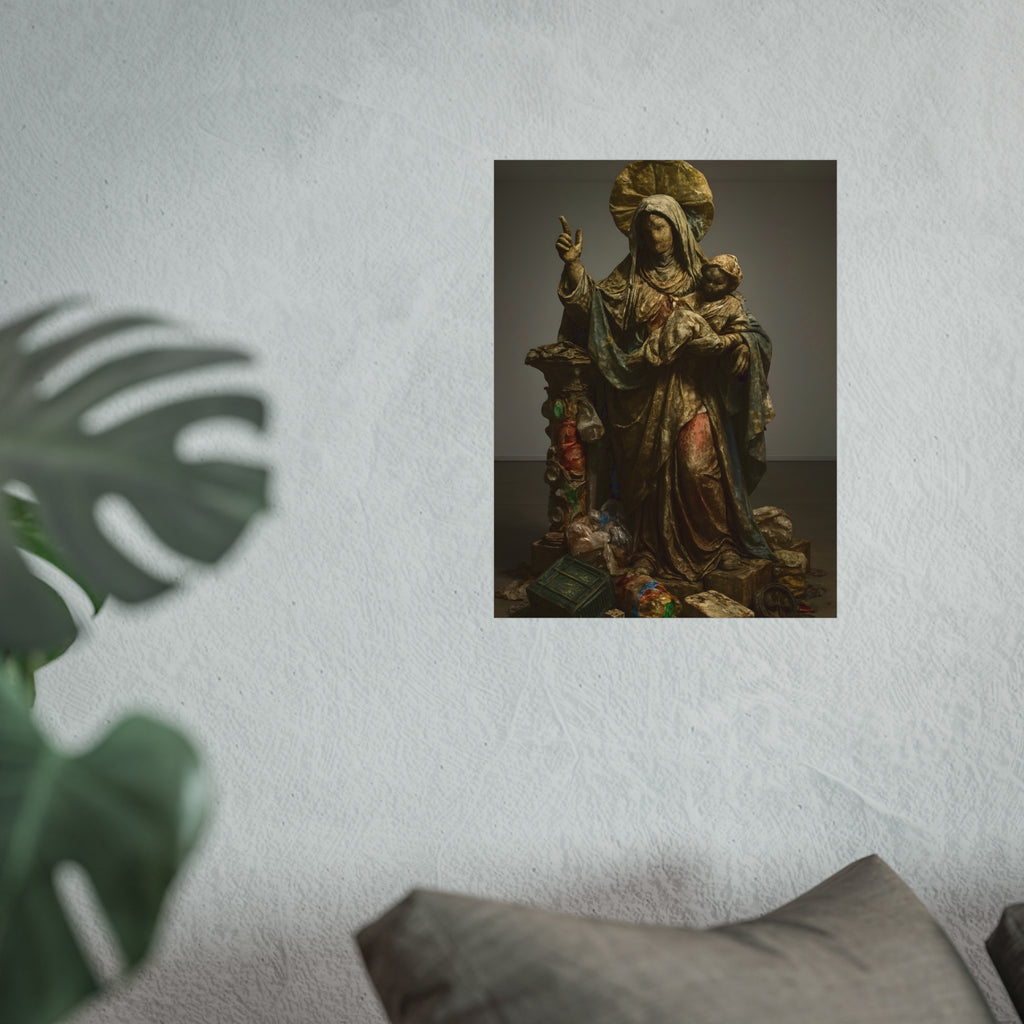 A standing veiled figure holding a child, refuse piled around the base. The Virgin of the Landfill by Garabaggio, fine art print hanging in a room.