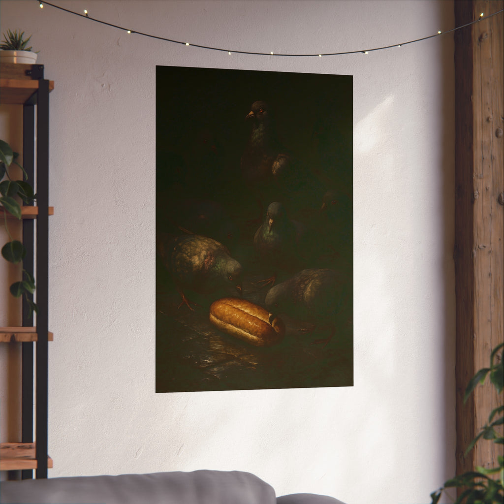 Pigeons crowding around a bread roll on dark stone paving. The Congregation at the Bun by Garabaggio, fine art print hanging in a room.