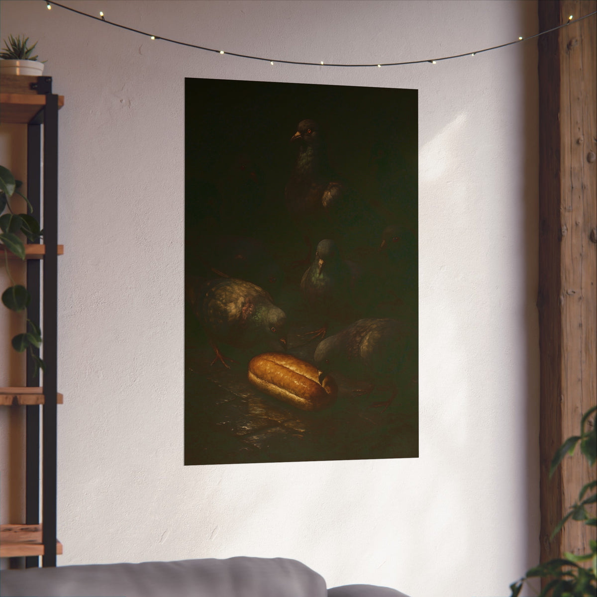 Pigeons crowding around a bread roll on dark stone paving. The Congregation at the Bun by Garabaggio, fine art print hanging in a room.