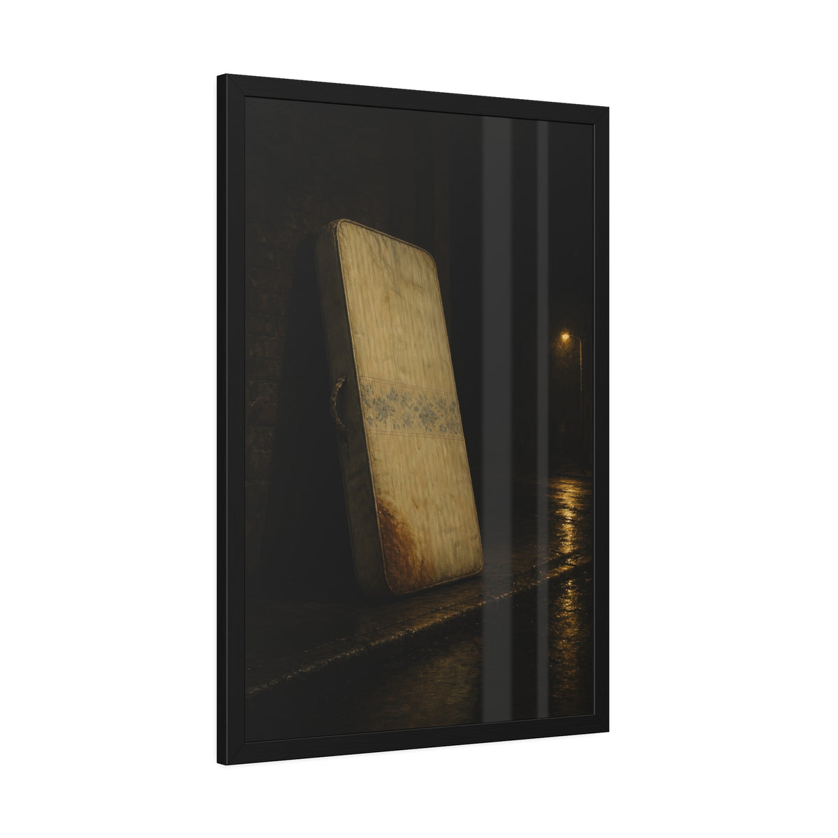 A stained mattress propped on a brick wall along a wet night street. The Presentation Against the Brick by Garabaggio, framed fine art print hanging in a room.