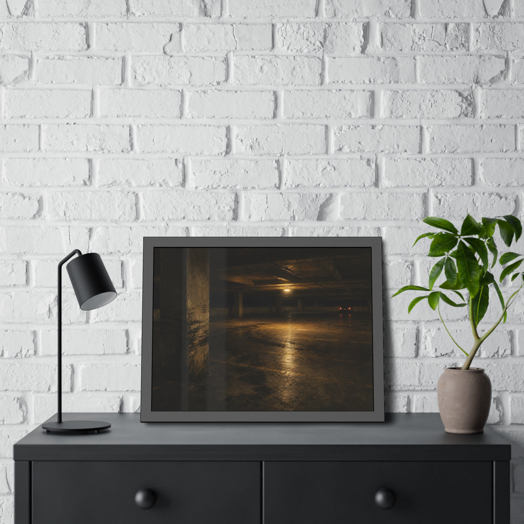An empty concrete parking deck lit by one ceiling lamp, tail lights beyond. The Parking Garage, Level 4 by Garabaggio, framed fine art print hanging in a room.