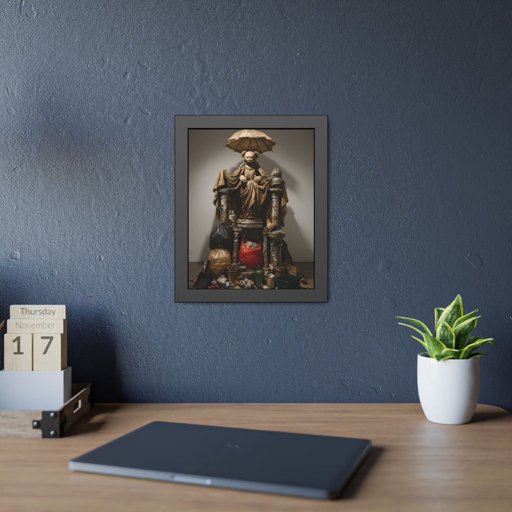 A teddy bear figure under an umbrella atop a pile of trash bags. Madonna of the Lost and Found by Garabaggio, framed fine art print hanging in a room.