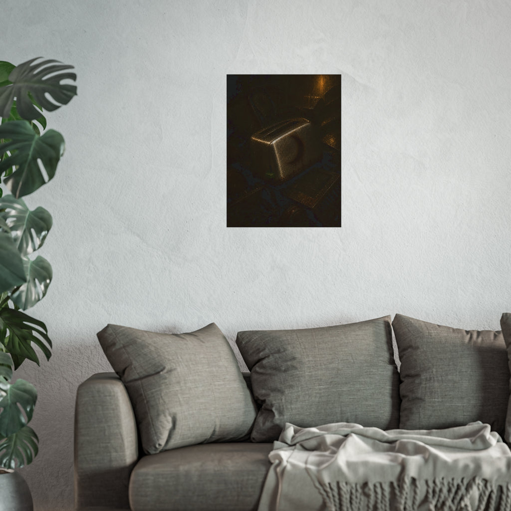 A scorched toaster resting on a heap of scrap appliances in dim light. The Arrival at Scrap by Garabaggio, fine art print hanging in a room.