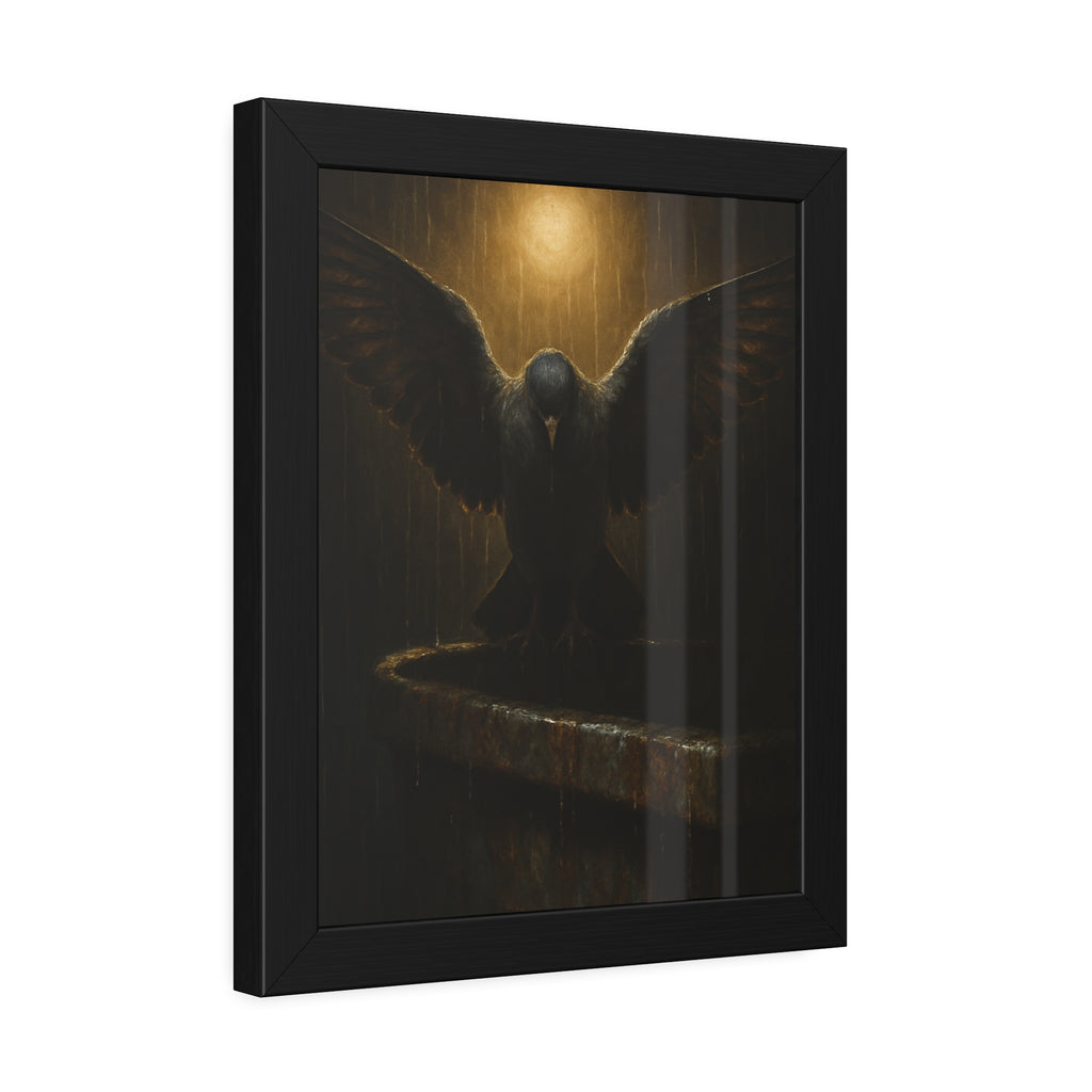A pigeon with wings spread on a dumpster rim under a lamp in the rain. The Passion (Study in Rain) by Garabaggio, framed fine art print hanging in a room.