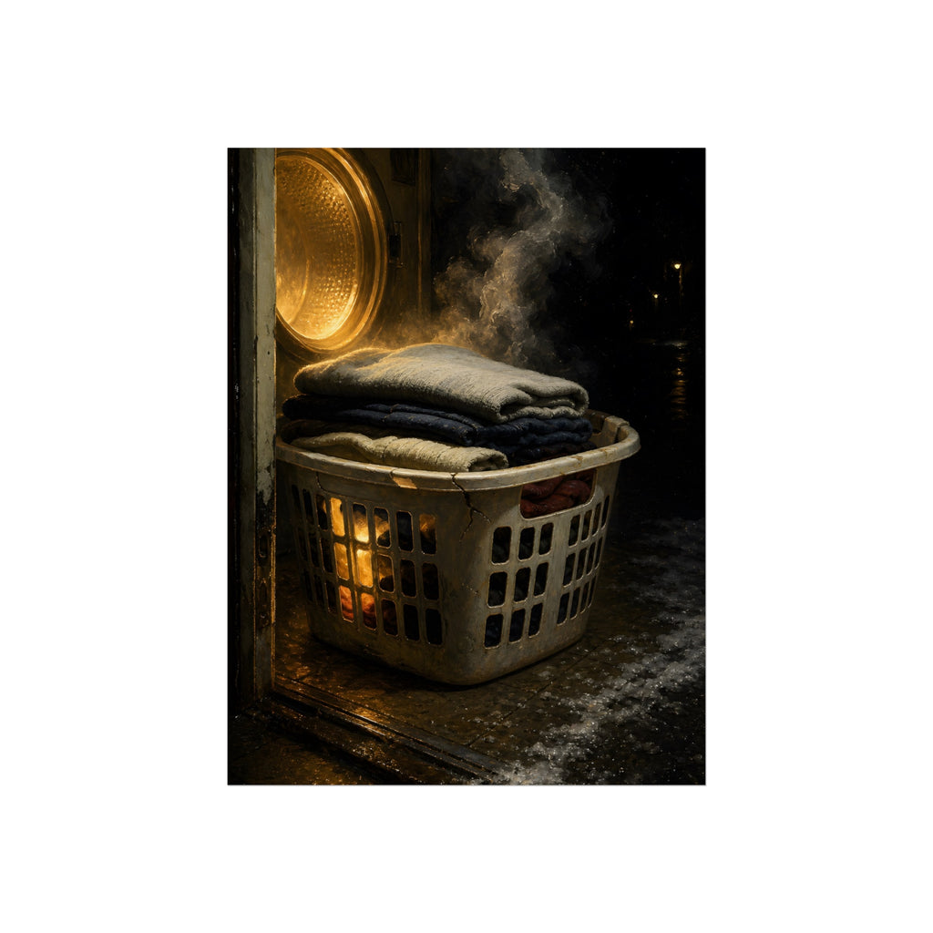 A laundry basket of folded clothes glowing in front of an open dryer. The Warm Clothes Against the Cold by Garabaggio, fine art print, 12″ x 16″.