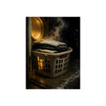 A laundry basket of folded clothes glowing in front of an open dryer. The Warm Clothes Against the Cold by Garabaggio, fine art print, 12″ x 16″.