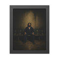 A man sits in the middle of a row of empty chairs under a wall light. Garabaggio Takes the Middle Chair by Garabaggio, framed fine art print, 11″ x 14″.