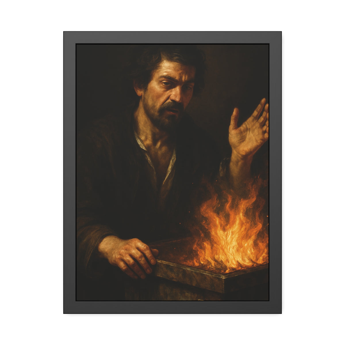 Man holding one hand high over the flames of an open burning bin. Self-Portrait Commanding the Light by Garabaggio, framed fine art print hanging in a room.