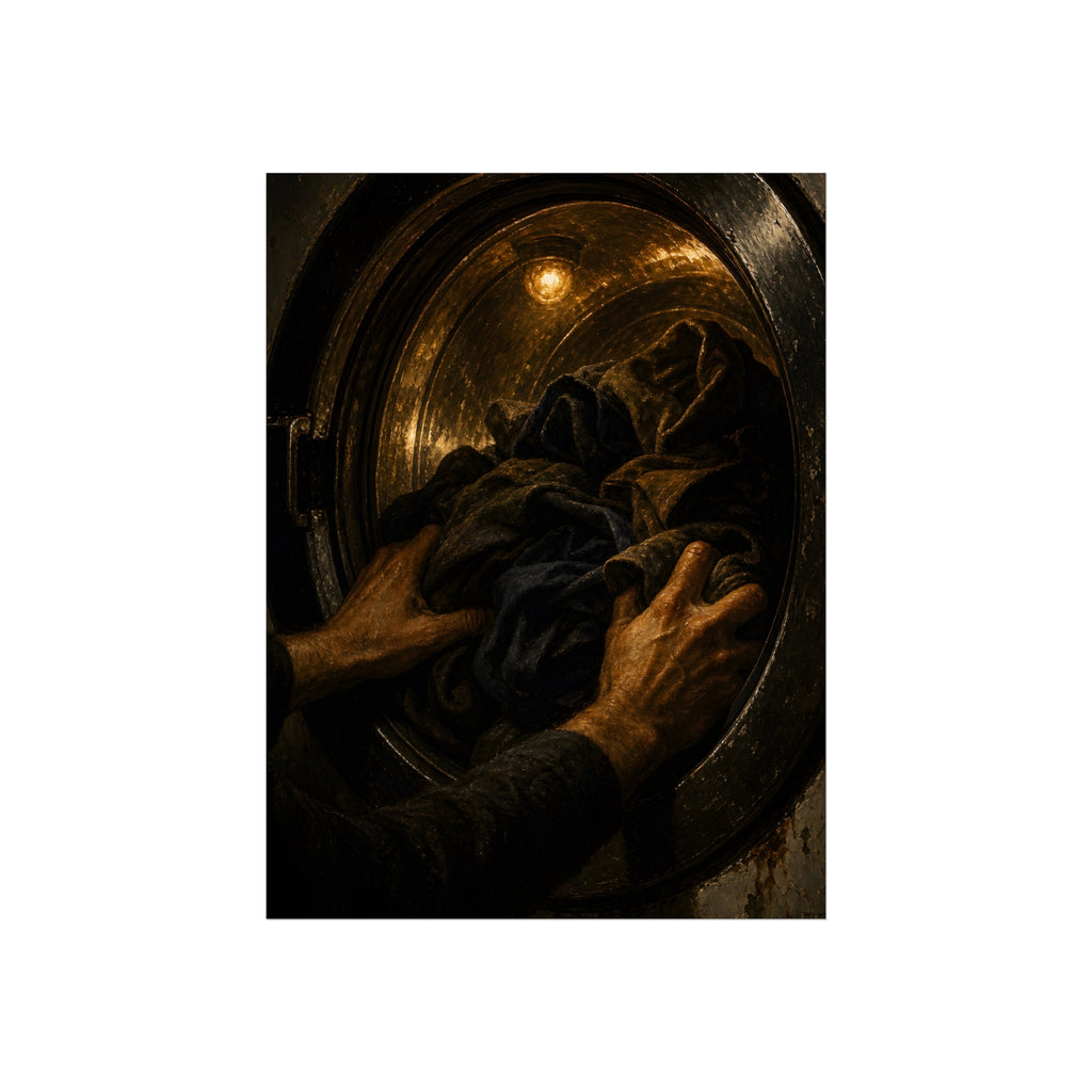Two hands pushing dark laundry into a washer drum lit by a small bulb. The Loading of the Drum by Garabaggio, fine art print, 12″ x 16″.