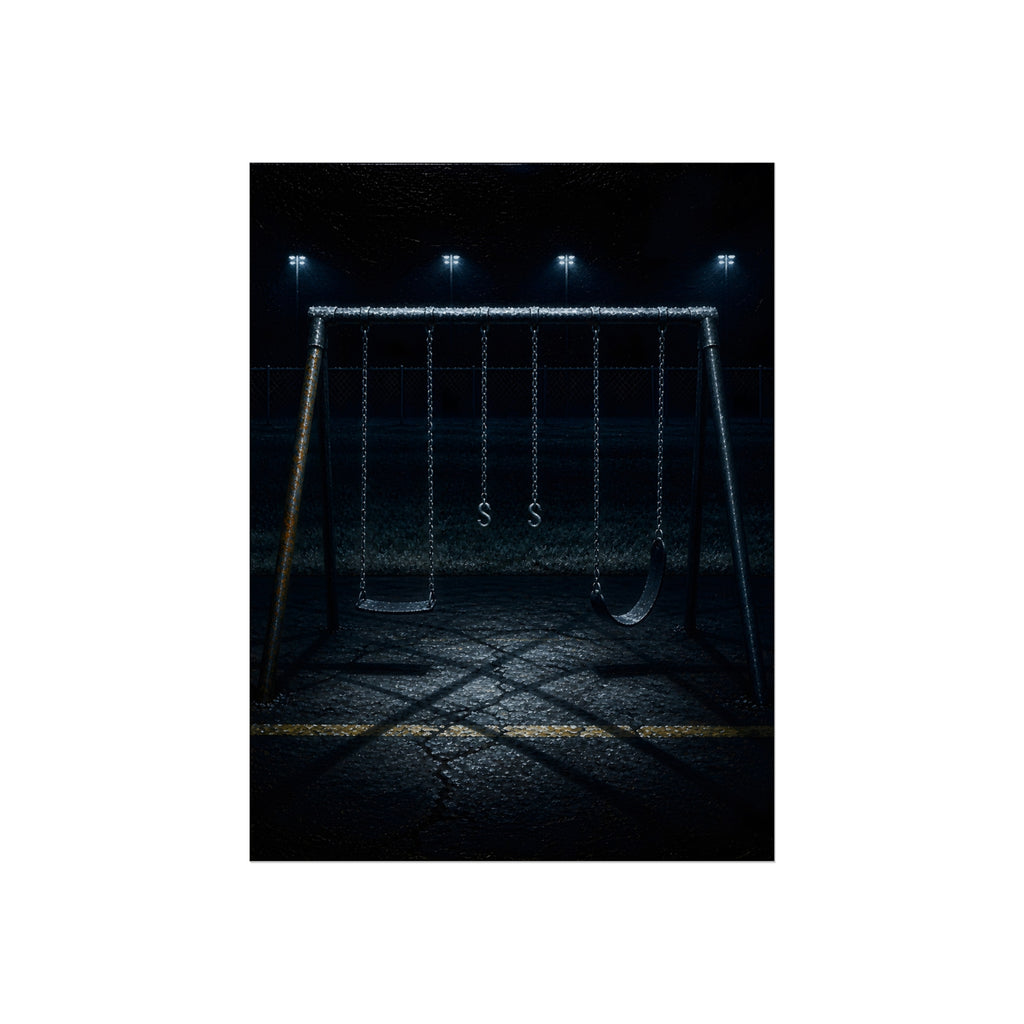 An empty swing set at night, chains still, floodlights far behind it. The Tenth Hour: The Chains Settle by Garabaggio, fine art print, 12″ x 16″.