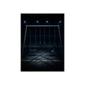 An empty swing set at night, chains still, floodlights far behind it. The Tenth Hour: The Chains Settle by Garabaggio, fine art print, 12″ x 16″.