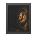 A row of dryers with one drum lit and tumbling in a dark laundromat. The Last Dryer Turning by Garabaggio, framed fine art print, 11″ x 14″.