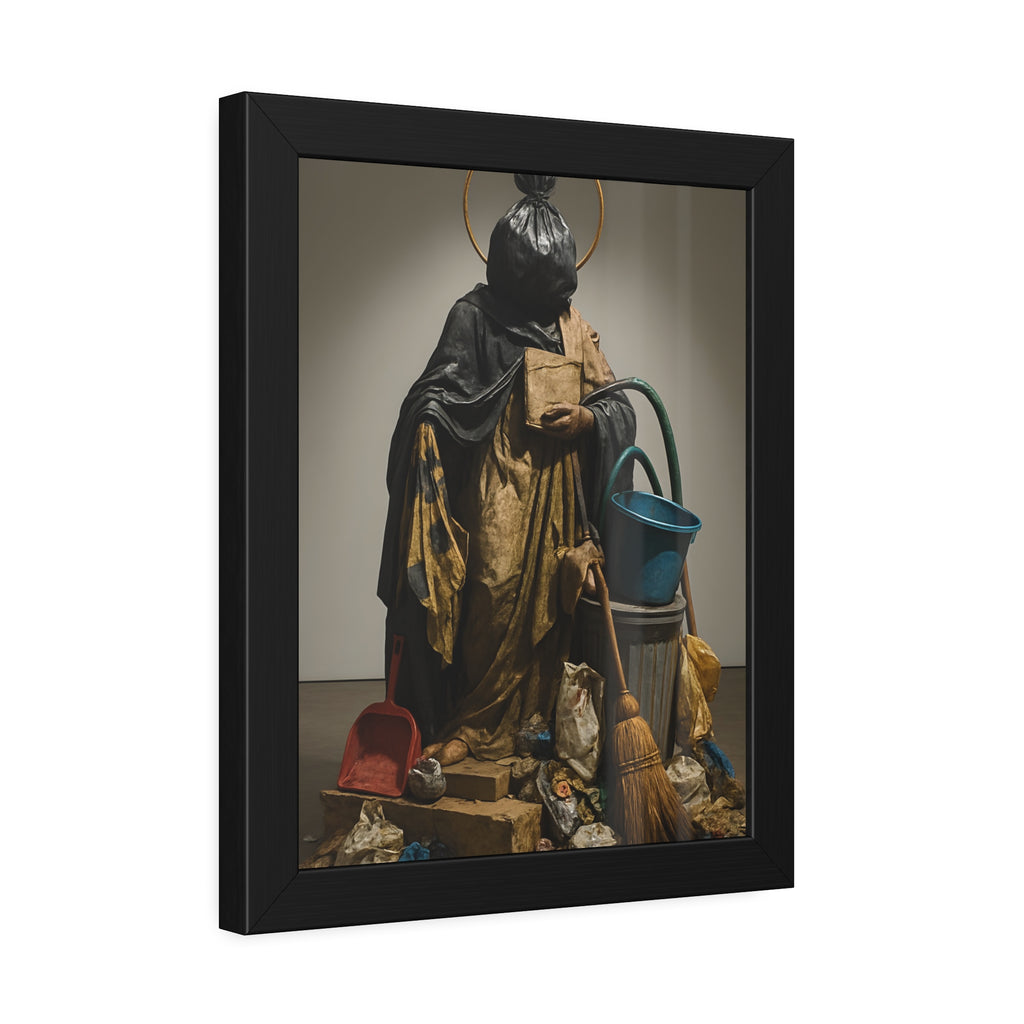A robed figure with a garbage bag head and gold halo holding a broom. The Custodian Enthroned by Garabaggio, framed fine art print hanging in a room.
