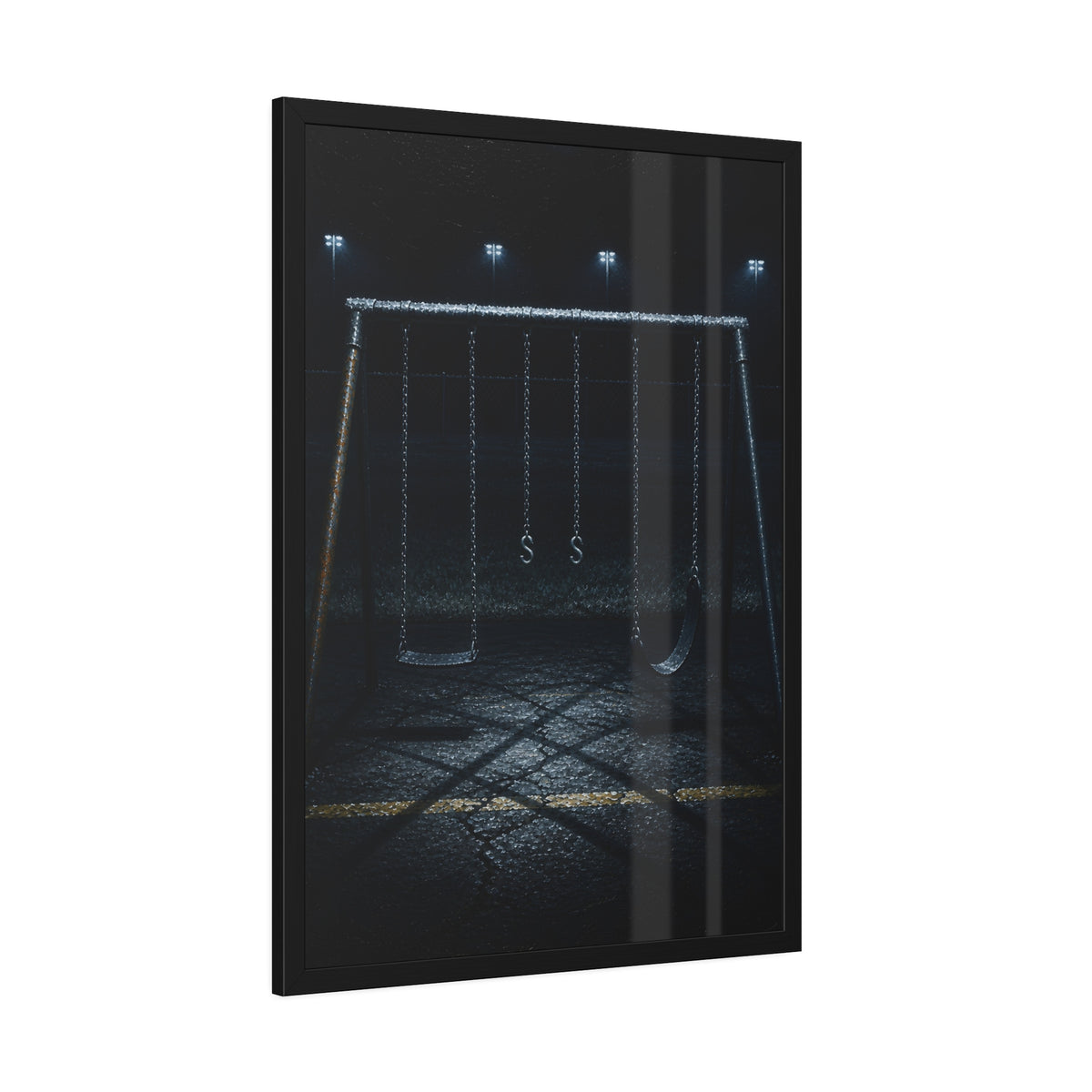 An empty swing set at night, chains still, floodlights far behind it. The Tenth Hour: The Chains Settle by Garabaggio, framed fine art print hanging in a room.