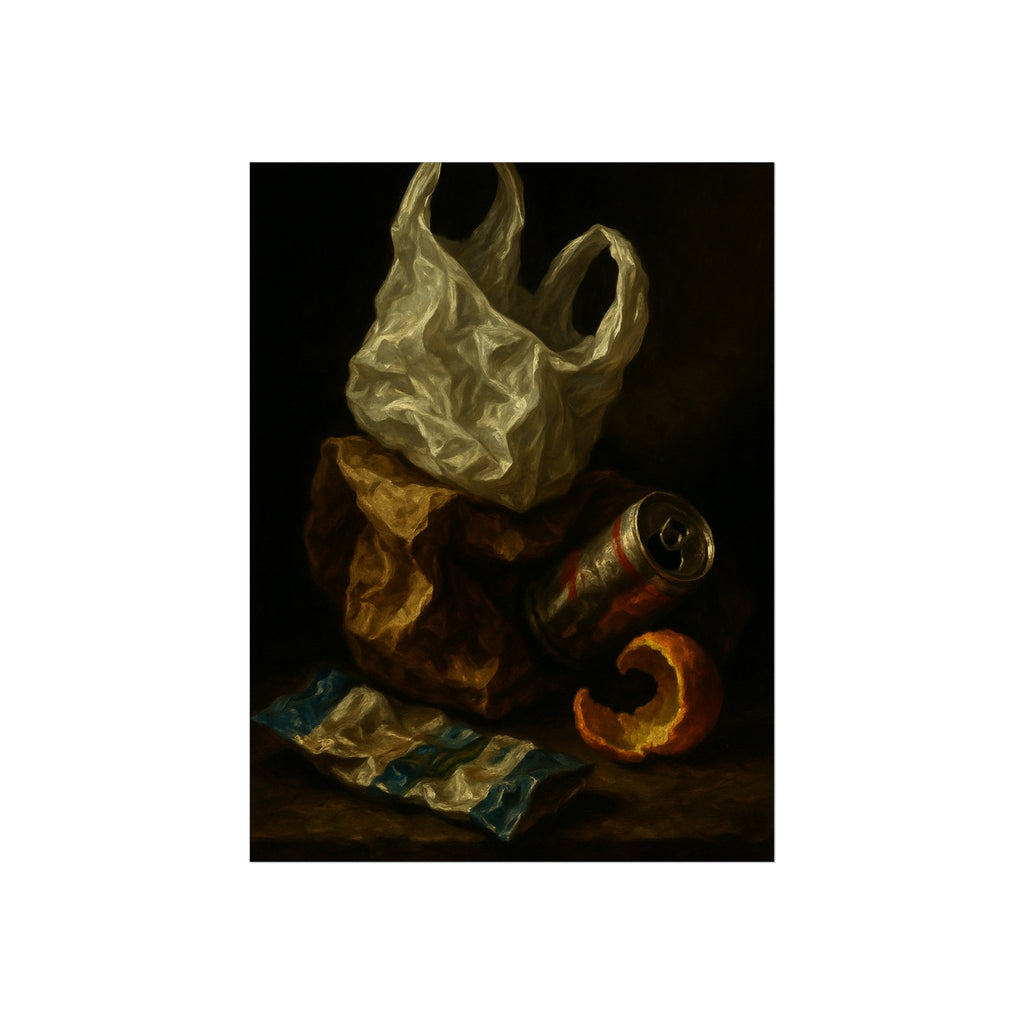 A plastic bag, crushed can and orange peel on a dim table. Still Life with Orange Peel and Resignation by Garabaggio, fine art print hanging in a room.