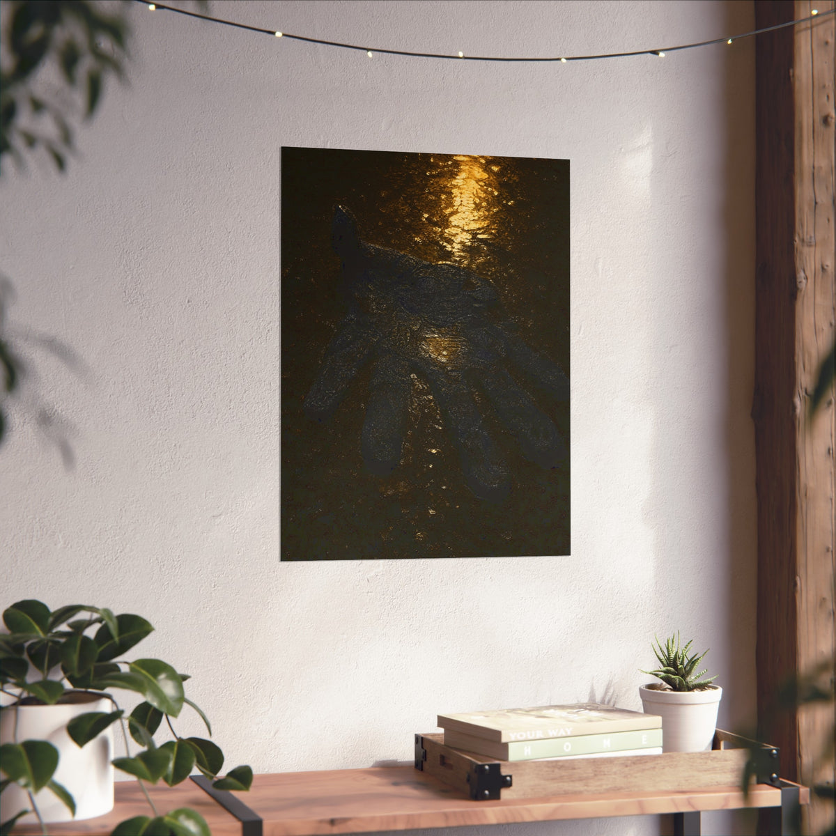 A flattened black glove pressed into wet asphalt beside a light streak. The Flattening, Study No. 1 by Garabaggio, fine art print hanging in a room.