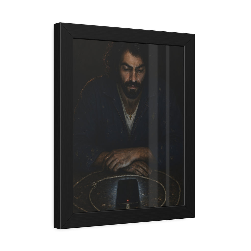 A bearded man at a table watching a phone charging inside a coiled cable. The Vigil of the Charging Cord by Garabaggio, framed fine art print hanging in a room.
