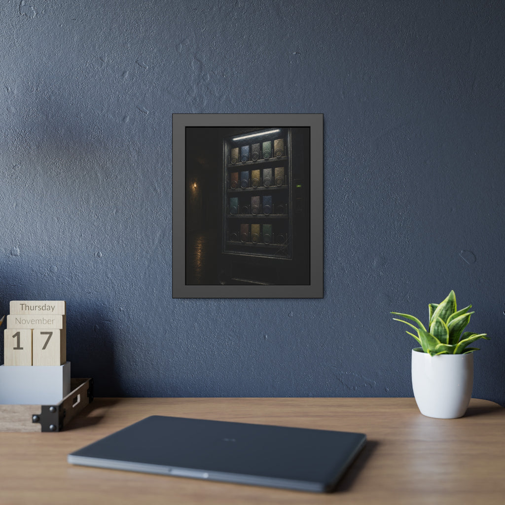 A vending machine with gaps in its rows lighting an empty hallway. The Gaps Spread by Garabaggio, framed fine art print hanging in a room.