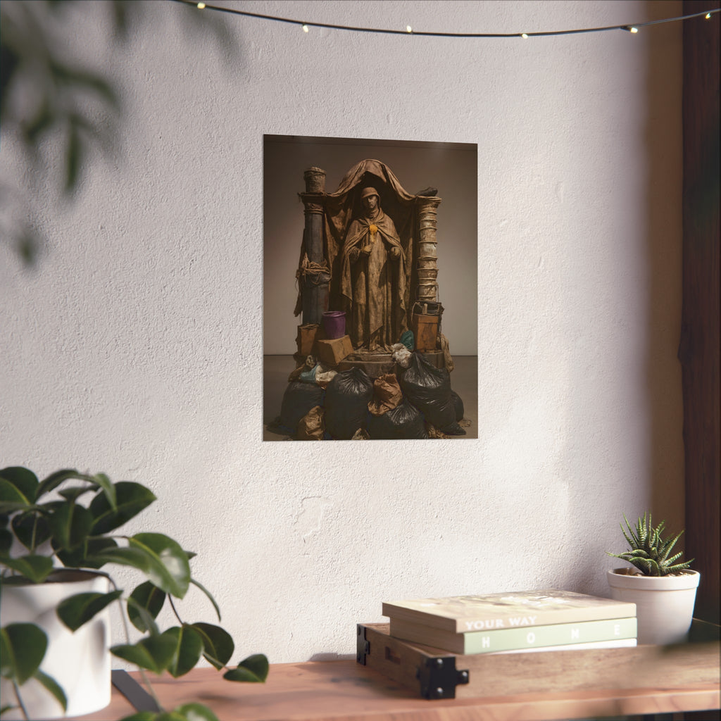 Draped standing figure under a canopy above a heap of black garbage bags. Saint Francis of the Black Bag by Garabaggio, fine art print hanging in a room.