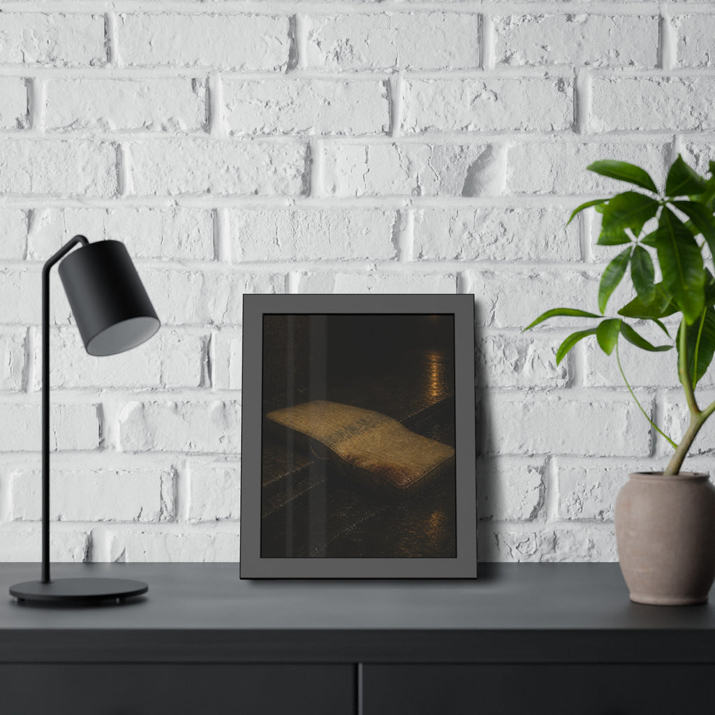 A sodden mattress slumped off a curb on wet pavement under a street lamp. The Collapse into the Gutter by Garabaggio, framed fine art print hanging in a room.