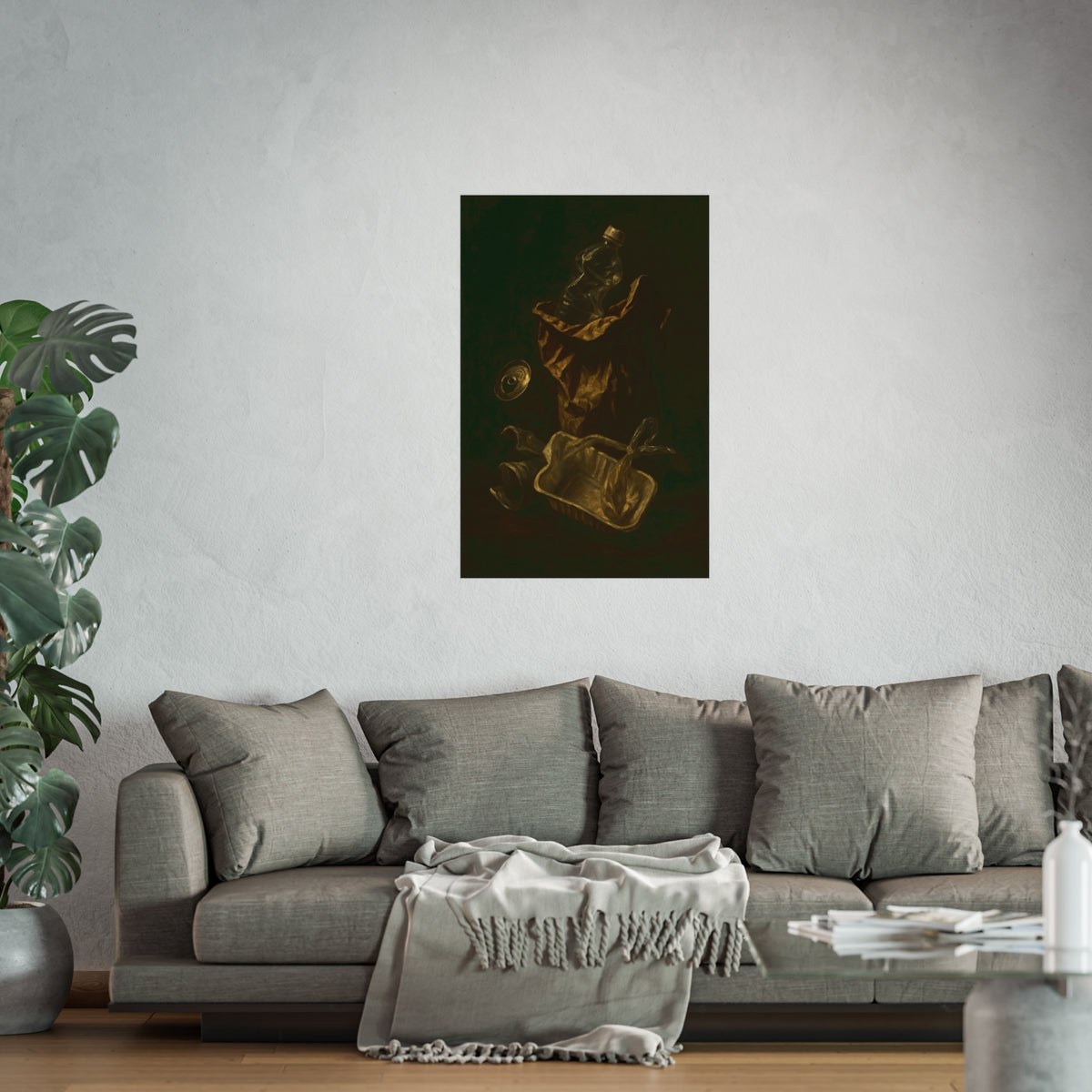 A paper bag, crushed bottle and foil tray lit against deep darkness. Reliquary of the Takeout by Garabaggio, fine art print hanging in a room.
