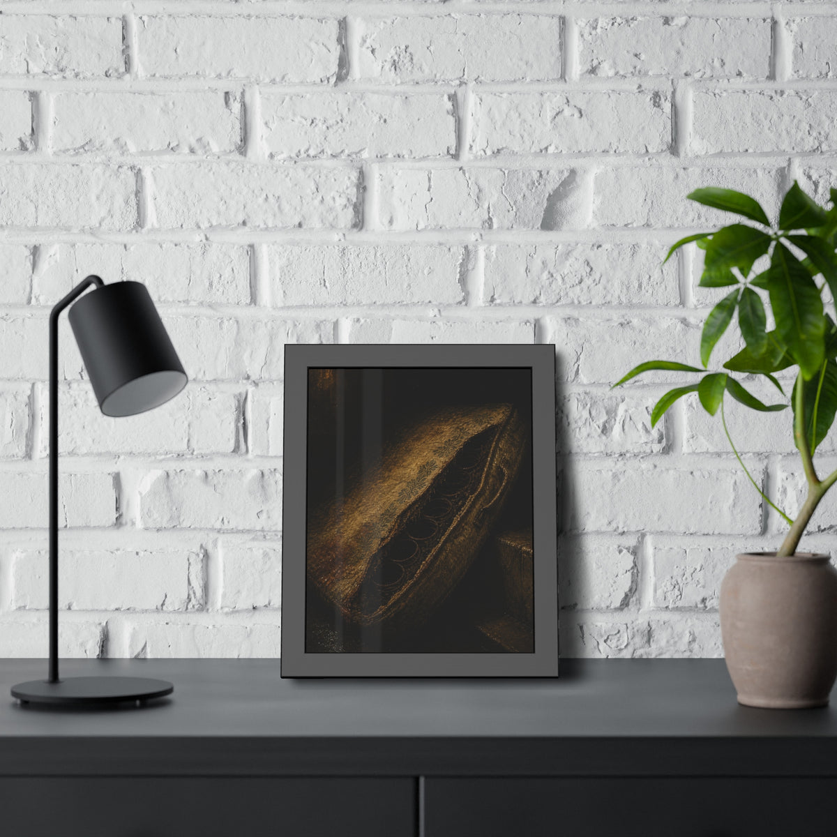 A torn mattress propped on its side, coil springs showing through the split. The Showing of the Springs by Garabaggio, framed fine art print hanging in a room.