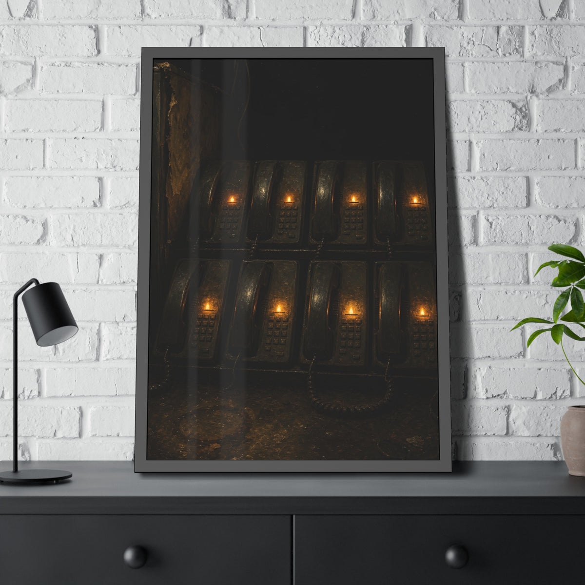 Rows of wall phones, each keypad lit by a small amber flame. The Votive Lights of the Hold Queue by Garabaggio, framed fine art print hanging in a room.
